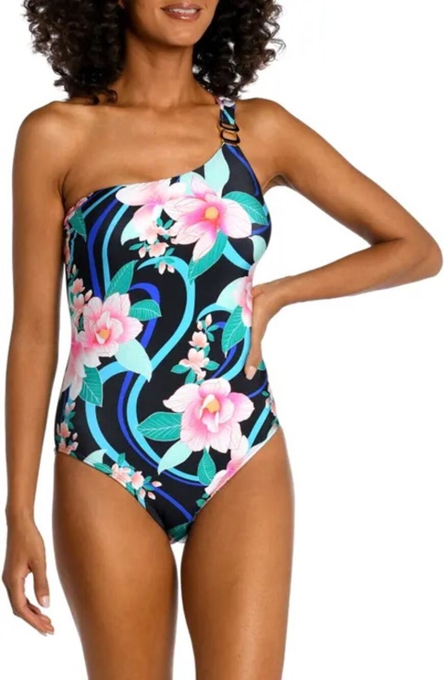 La Blanca Nightfall Floral Print One Shoulder One Piece Swimsuit Size 8